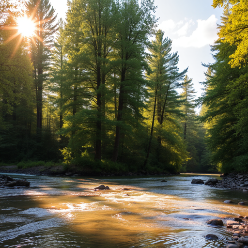 Create an image of a serene, sunlit forest scene with a clear, gently flowing river. Tall trees with lush green foliage line both sides of the river, their leaves bathed in the warm golden light of the setting or rising sun. The sunlight filters through the trees, casting soft, dappled light on the river, which flows over smooth rocks and pebbles, creating a peaceful, natural atmosphere. The sky is bright with a few scattered clouds, and the overall mood is tranquil, evoking a deep sense of connection with nature. The image captures the beauty of a calm, pristine forest landscape at either dawn or dusk.