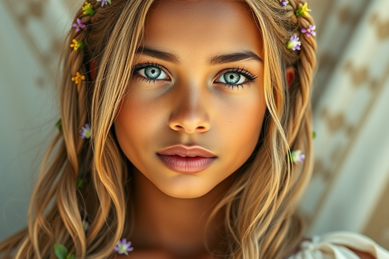 Create an image of a young Garifuna woman with long, wavy blonde hair, adorned with small, colorful flowers woven into her braids and loose strands. Her complexion is fair, with soft, glowing skin, and she has light blue eyes that gaze softly at the viewer. She wears a light, flowing dress with a gentle, ethereal quality, complementing her delicate and serene appearance. The background is slightly blurred, drawing focus to her tranquil expression and the intricate details of the flowers in her hair. The overall mood of the image is one of natural beauty and grace, evoking a sense of peacefulness and connection with nature.
