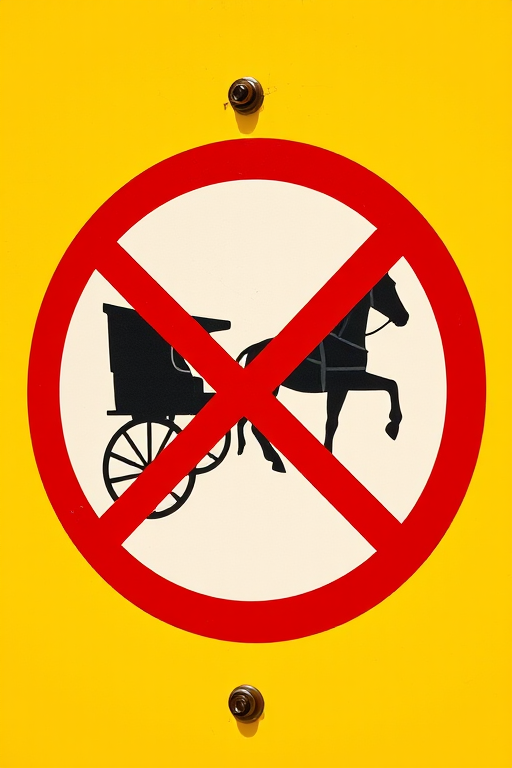 Create a high-resolution image of a no horse-drawn carriage sign featuring a silhouette of a horse and cart with a vibrant red border and a bright yellow background, captured with a DSLR camera at f/8 aperture, ISO 100, 50mm lens, in natural daylight for optimal clarity.