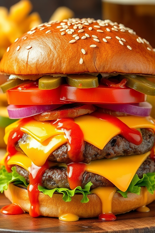 High-resolution, close-up image of a gourmet double cheeseburger. The burger features a glossy, sesame-seed-topped brioche bun. Inside, there are two thick, juicy beef patties, each topped with melted cheddar cheese. The burger is garnished with fresh lettuce, tomato slices, diced onions, and pickles. A generous amount of ketchup and a creamy, orange-colored sauce is dripping down the sides, adding to the mouth-watering appeal. In the background, there are blurred elements including a side of golden French fries and a hint of a beverage, enhancing the overall presentation of a delicious meal.