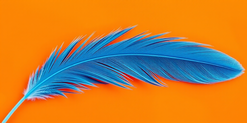 Create a high-resolution digital painting of a vibrant blue feather on an orange background with textured brush strokes, using a Canon EOS R5 with a 50mm lens at f/2.8, 1/200s shutter speed, and ISO 100 for enhanced color saturation and sharp detail.