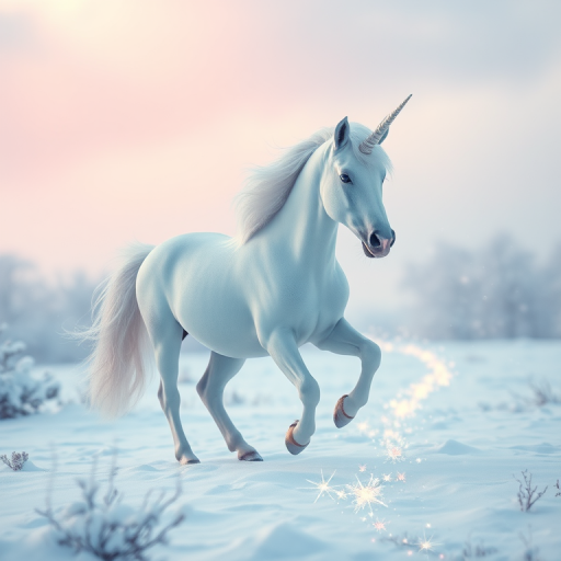 Create a high-quality illustration of a mystical unicorn in a snowy landscape with soft pastel colors, featuring gentle snowfall and a magical sparkly trail, using a Canon EOS 5D Mark IV camera, 50mm lens, f/2.8 aperture, ISO 200, in portrait view for a dreamy effect.