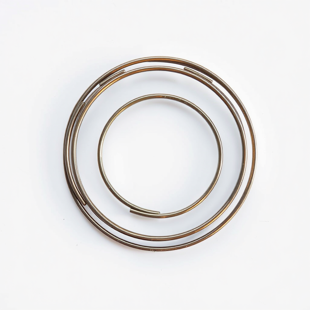Generate a high-resolution image of a stylized spiral metal coil on a plain background, using a DSLR camera with a 50mm lens, f/1.8 aperture, ISO 100, shot in natural light from a top-down view to enhance detail and clarity.