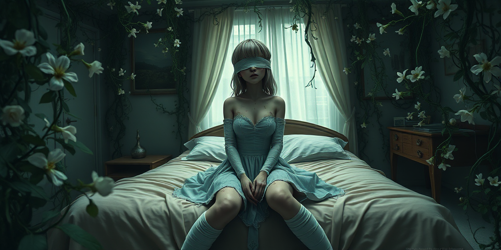 absurdres, indoors, overgrowned, bedroom, flowers, white flowers, vines, 1girl, wide shot, blindfold, small breasts, bandage arms, bandage legs, torn dress, sitting on bed, scars on face, scars on legs, volumetric lighting, dark