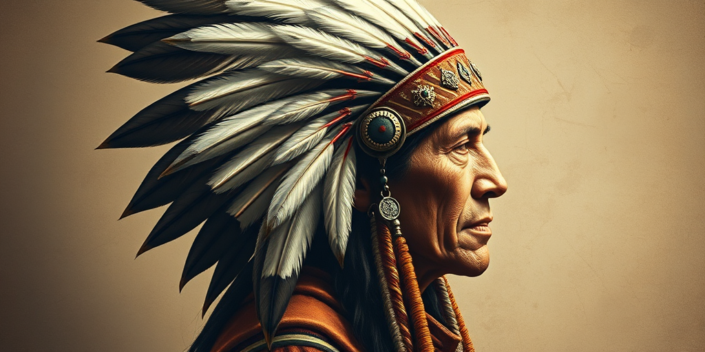 Create a detailed illustration of a Native American chief in profile, adorned with elaborate feathers and tribal markings, set against a textured vintage background, using a Canon EOS 5D Mark IV with a 50mm f/1.8 lens at f/2.8, ISO 100, and a depth of field to emphasize the intricate details of the headdress while softly blurring the background for enhanced focus.