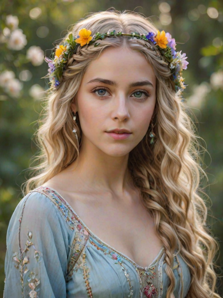 Create an image of a young Sephardic woman with long, wavy blonde hair, adorned with small, colorful flowers woven into her braids and loose strands. Her complexion is fair, with soft, glowing skin, and she has light blue eyes that gaze softly at the viewer. She wears a light, flowing dress with a gentle, ethereal quality, complementing her delicate and serene appearance. The background is slightly blurred, drawing focus to her tranquil expression and the intricate details of the flowers in her hair. The overall mood of the image is one of natural beauty and grace, evoking a sense of peacefulness and connection with nature.