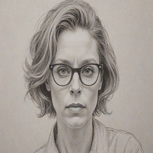 Captivating Frances McDormand, pencil sketch, portrait of Graceful woman 1961s in glasses, hair style beatnik, outline, clear lines, fine lines, 8k