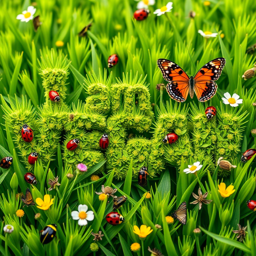 Create a vibrant and colorful image of the text "I am VEGAN" made of lush green grass with insects like ladybugs and butterflies, adorned with small flowers and leaves, captured with a Canon EOS 5D Mark IV at f/8, ISO 100, 1/125s, using a macro lens to enhance detail and depth of field.