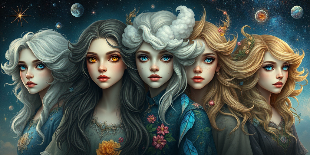 Create a series of imaginative portraits where each subject is infused with elements of fantasy and nature. The hair of the individuals should flow like clouds, varying from soft, fluffy cumulus to wispy cirrus strands, with hints of color reflecting a sunset or a clear blue sky. The eyes should be windows to entire galaxies, with stars, nebulae, and distant planets visible within them. Clothing should be adorned with nature motifs, such as floral patterns that bloom and change, vines that seem to grow and wrap around, or feathers that shimmer with iridescence. Each portrait should capture a unique personality, blending human features with the ethereal beauty of the natural and cosmic world. The backgrounds can vary, from starry night skies to enchanted forests, adding depth and context to the magical realism of the portraits