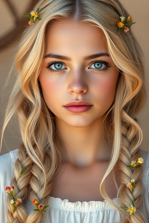 Create an image of a young Sahrawi woman with long, wavy blonde hair, adorned with small, colorful flowers woven into her braids and loose strands. Her complexion is fair, with soft, glowing skin, and she has light blue eyes that gaze softly at the viewer. She wears a light, flowing dress with a gentle, ethereal quality, complementing her delicate and serene appearance. The background is slightly blurred, drawing focus to her tranquil expression and the intricate details of the flowers in her hair. The overall mood of the image is one of natural beauty and grace, evoking a sense of peacefulness and connection with nature.