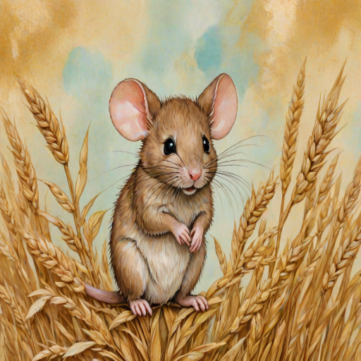 Soft, muted Alcohol Ink with ebru effect background image of tiny whimsical mousey, who climbed high on the top of a golden rye ear.