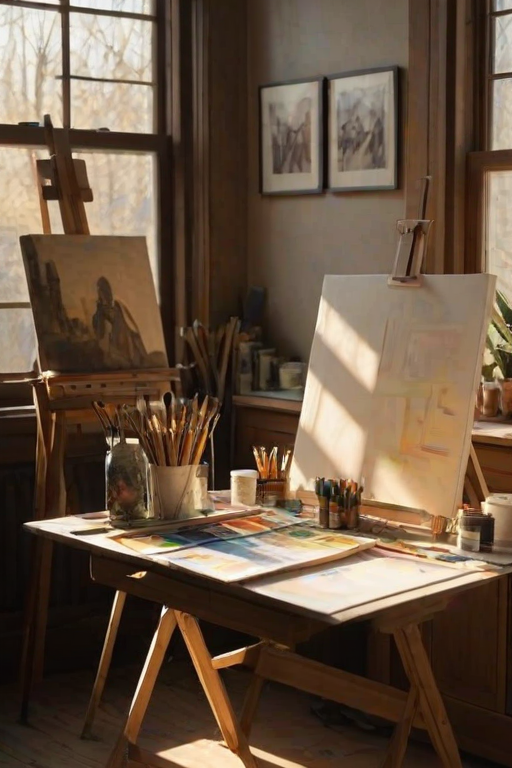 Warmly lit photo of an artist’s studio, with soft light streaming through a window illuminating canvases, paintbrushes, and an easel with an unfinished painting.