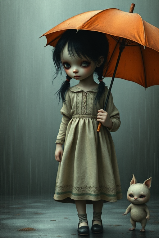 An eerie, weird little girl with dark hair in thin pigtails, wearing a smock dress, standing in the rain, holding a dirty orange umbrella, a small, odd creature beside her. In a surreal style inspired by Nicoletta Ceccoli and Brian Froud. Dark fantasy themes
