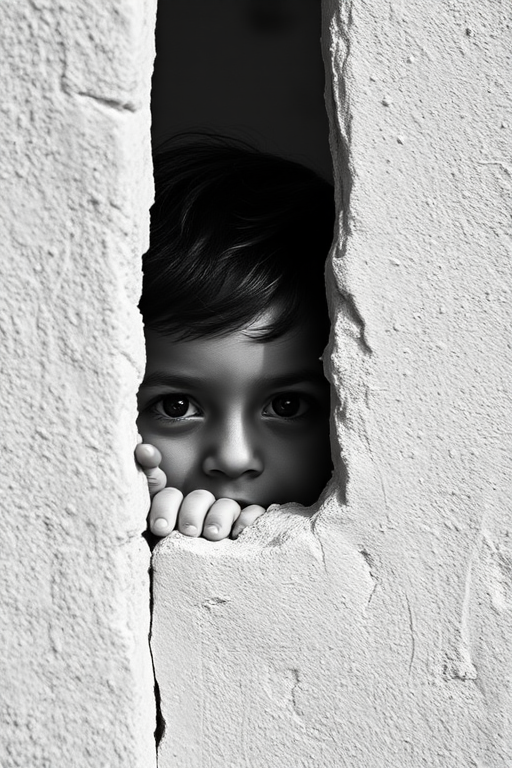 Capture a close-up portrait of a child peeking from behind a textured wall in soft natural light, using a Canon EOS R5, 50mm lens, ISO 100, f/1.8, 1/200s, black and white style for high contrast and rich shadows.