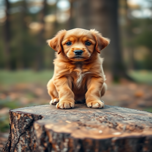 Capture a cute brown puppy sitting on a tree stump in a soft-focus outdoor setting, using a shallow depth of field with an aperture of f/2.8, ISO 200, a shutter speed of 1/200s, shot with a DSLR camera at eye level to enhance the subject's features and texture in natural light.