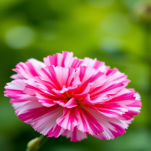 Close-up of a pink and white carnation flower against a blurred green background, using a macro lens, aperture f/2.8, shutter speed 1/200, ISO 100, shot from a low angle to emphasize the flower's details and create a bokeh effect, DSLR camera.