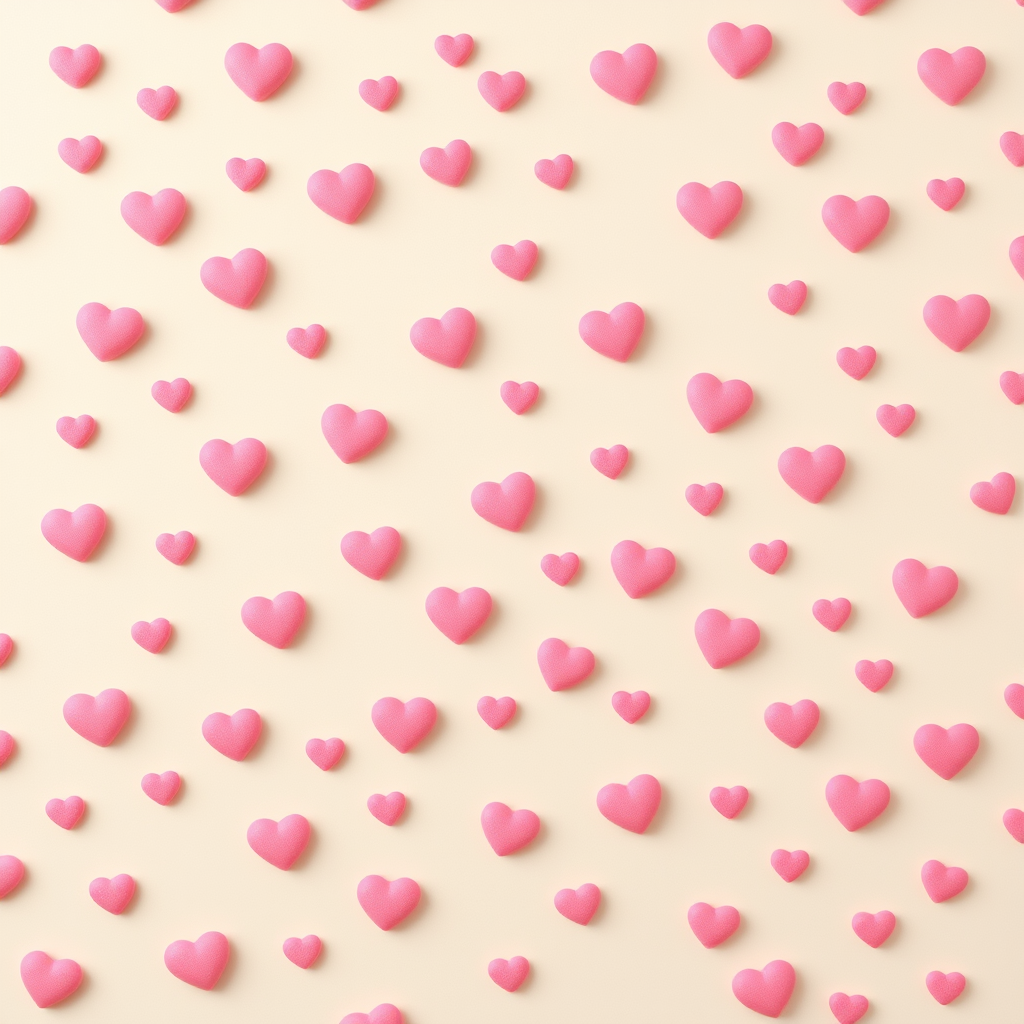 Create a seamless pattern of small pink hearts on a light beige background, shot with a DSLR camera at f/8, 1/250s, ISO 100, in a flat lay style to enhance clarity and depth of field.