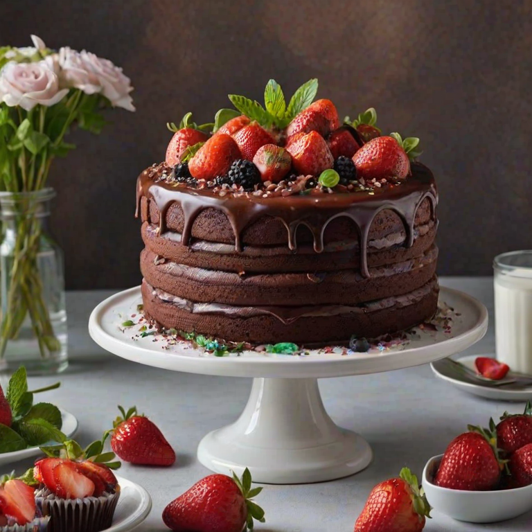 Create an image of a three-tiered chocolate cake decorated with fresh strawberries and mint leaves, placed on a white cake stand. Surround the cake with an assortment of chocolate cupcakes topped with various berries and a sprinkle of powdered sugar. The background should feature a softly lit, elegant dining setting.