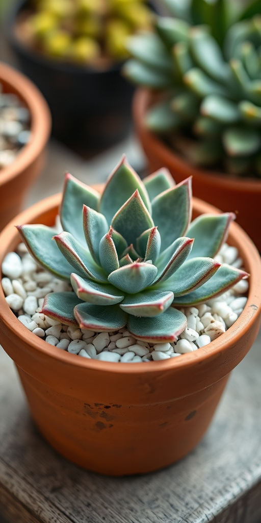 close-up shot of a succulent plant in a terracotta pot filled with white gravel, soft natural lighting, f/2.8 aperture, 50mm lens, shallow depth of field, DSLR camera, vibrant colors and sharp details.