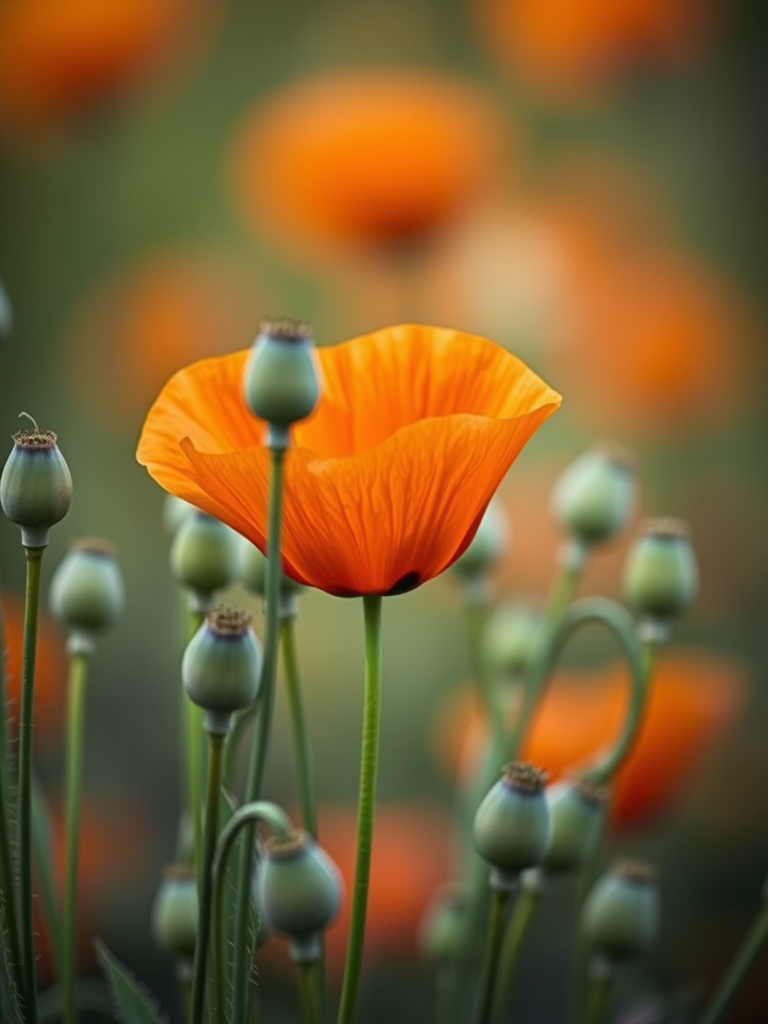 A vibrant orange poppy flower seen amongst green buds, shot with a Canon EOS 5D Mark IV, 50mm lens, aperture f/2.8, ISO 100, natural lighting, shallow depth of field for background blur.