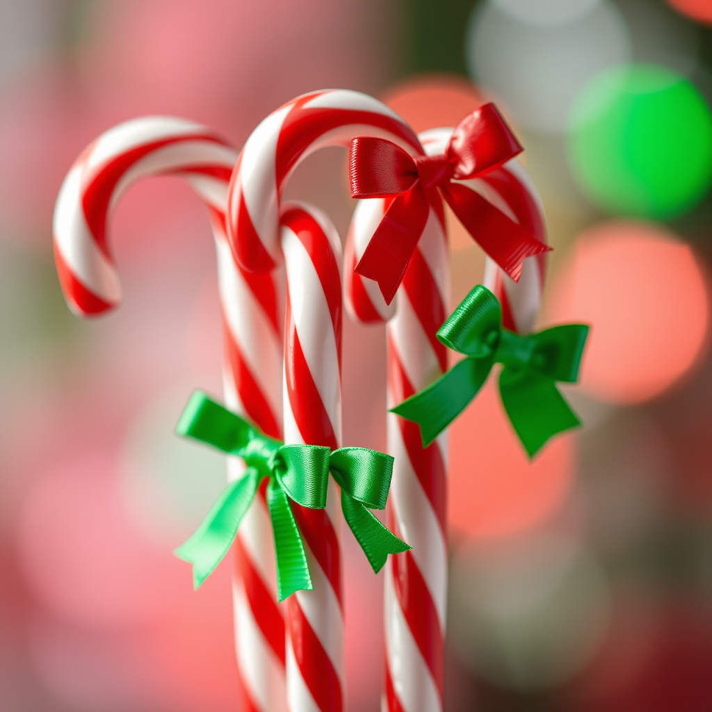 Generate a high-resolution image of three colorful candy canes with red and green bows, shot with a Canon EOS R5 at f/2.8, ISO 100, 50mm lens, using a shallow depth of field for a blurred background and vibrant colors.