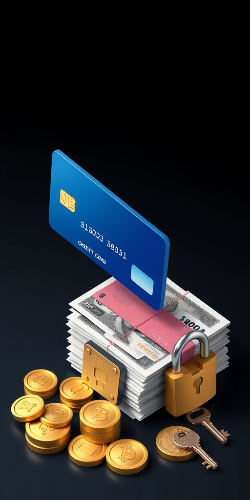 create an isometric illustration of a credit card, a stack of banknotes with a currency band, gold coins, a padlock, and a key, set against a dark background, using a Canon EOS 5D Mark IV with a 50mm f/1.8 lens at f/4, ISO 100, and a 1/60 sec shutter speed for enhanced clarity and detail