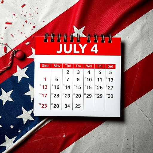 Create an image of a calendar page displaying July 4 with a vibrant red header and a background featuring abstract elements of the American flag, captured using a DSLR camera at f/2.8 aperture, 1/250 shutter speed, ISO 100, taken from a top-down view in a high-contrast style.