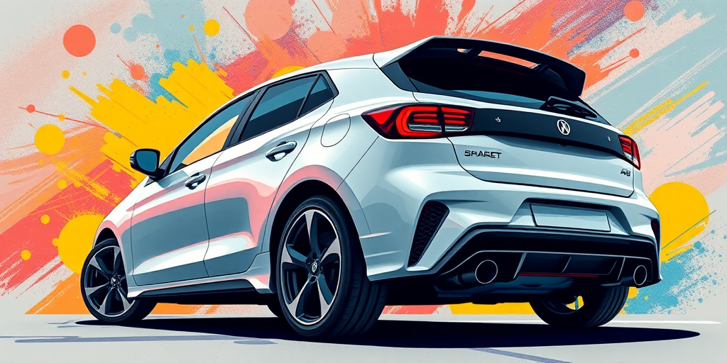 Generate a high-quality digital illustration of a sporty hatchback car in a dynamic pose, using a Canon EOS R5 camera with an RF 24-70mm f/2.8L IS USM lens, set at f/8 for sharpness, ISO 100 for clarity, and a shutter speed of 1/200s, captured from a low angle to emphasize the car's design against a vibrant abstract background.