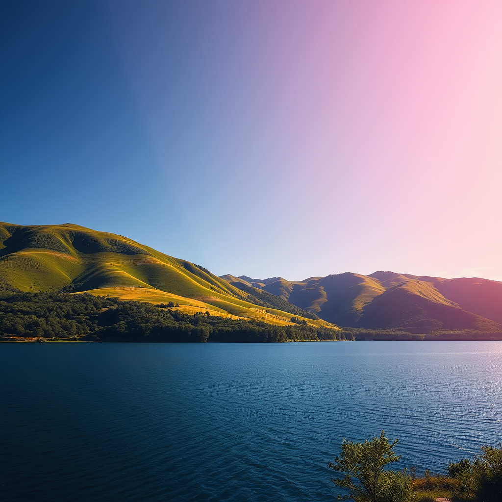 Generate a high-resolution image of a serene landscape featuring lush green hills, a clear blue sky, and a tranquil lake in the foreground, captured with a Canon EOS 5D Mark IV, 24mm lens, f/8 aperture, ISO 100, at golden hour.