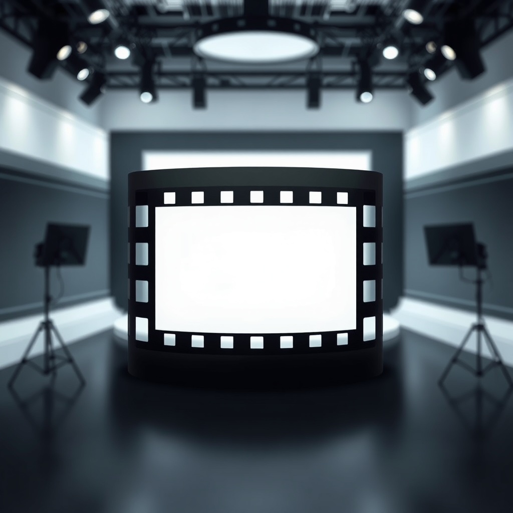 Create a high-resolution vector image of a film strip with a minimalist design, centered inside a film studio-like structure, using a Canon EOS R5 camera, 50mm lens, f/2.8 aperture, ISO 100, and a shallow depth of field for enhanced clarity and focus.