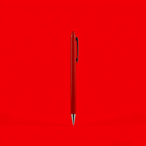 Create a high-resolution digital illustration of a red pen standing upright on a solid vibrant red background, captured with a Canon EOS R camera, 50mm lens, f/2.8 aperture, ISO 100, using a flat lay view to enhance the detail and clarity of the pen.