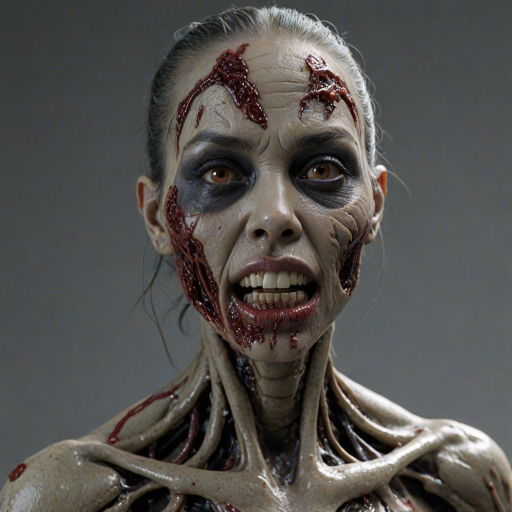 (perspective) of A creepy (ethnicity) zombie cyborg with (descriptive color) skin, (color) lipstick (color) liquid flowing from her eyes and mouth, (perspective two) portrait, (camera angle), extremely detailed, (art style) in the style of Yoshitaka Amano and Tetsuo Hara. --ar 85:128 --style raw --niji 6
