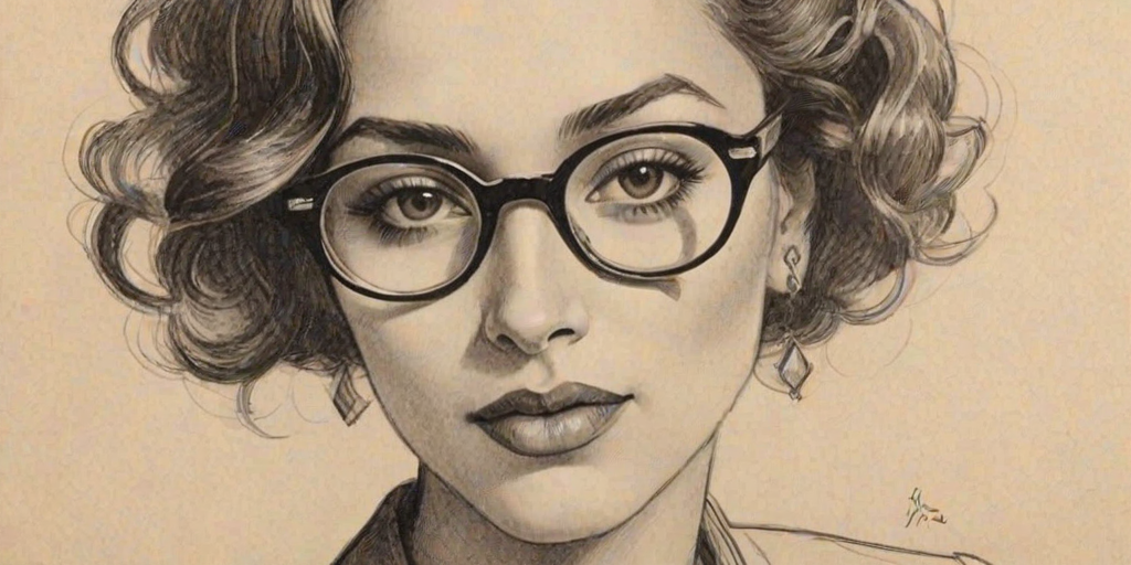 Splendid Iman Vellani, pencil sketch, portrait of Captivating woman 1920s in glasses, hair style beatnik, outline, clear lines, fine lines, 8k