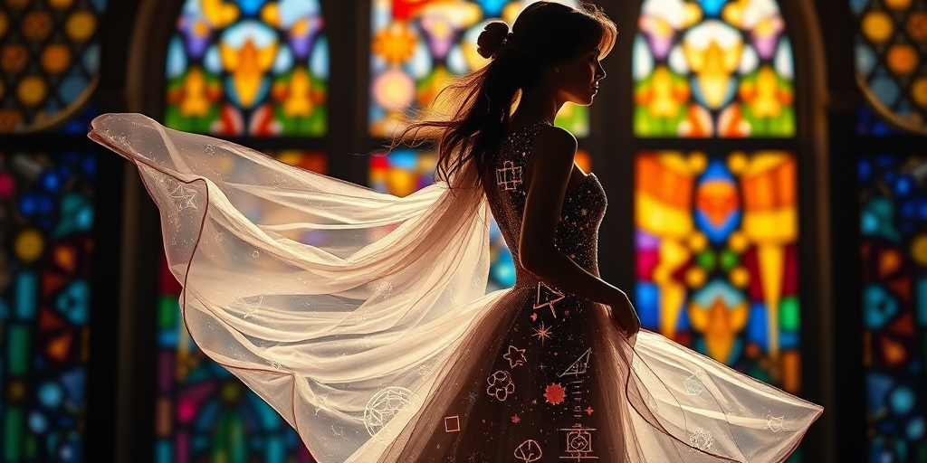 Create an ethereal silhouette of a woman with a flowing dress made of cosmic elements like stars and galaxies, set against a vibrant stained glass backdrop, captured with a DSLR camera at f/1.8 aperture, ISO 100, 50mm lens, in soft focus for a dreamy effect.