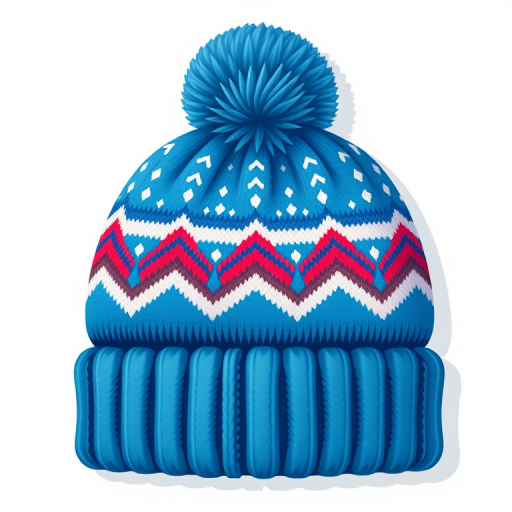 Create a high-quality illustration of a blue winter hat with a pom-pom and zigzag patterns, shot with a DSLR camera, aperture f/2.8, ISO 100, 35mm lens, soft lighting, and top-down view for enhanced clarity and detail.