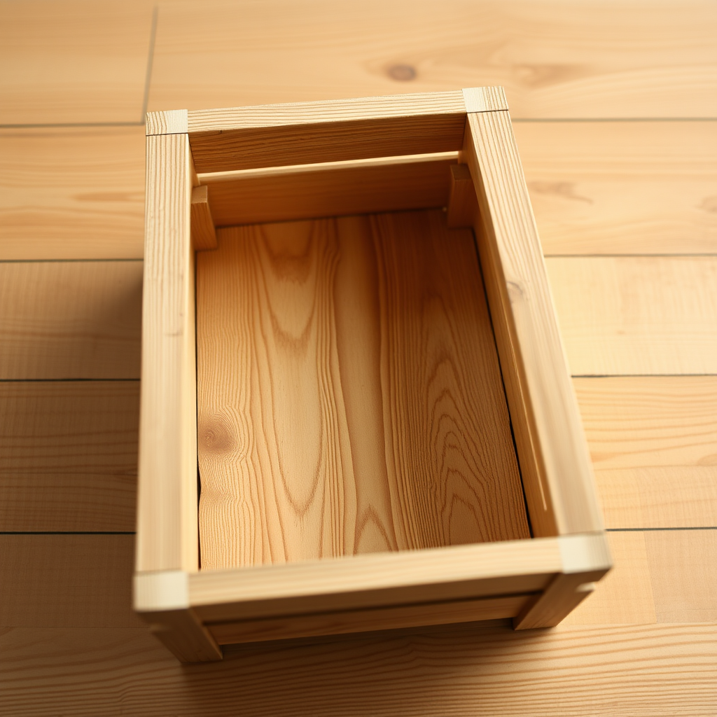 A wooden crate with a visible top perspective and natural wooden texture, captured using a DSLR camera with a 50mm lens at f/2.8, ISO 100, and a soft-focus background for enhanced depth; lighting should be soft and natural to highlight the grain of the wood.