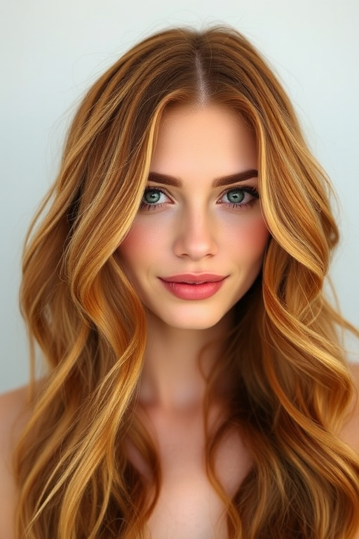Radiant copper waves cascade down, framing a delicate face with "Sunset Serenade" style, featuring subtle ombre highlights and beachy texture for a carefree yet elegant look