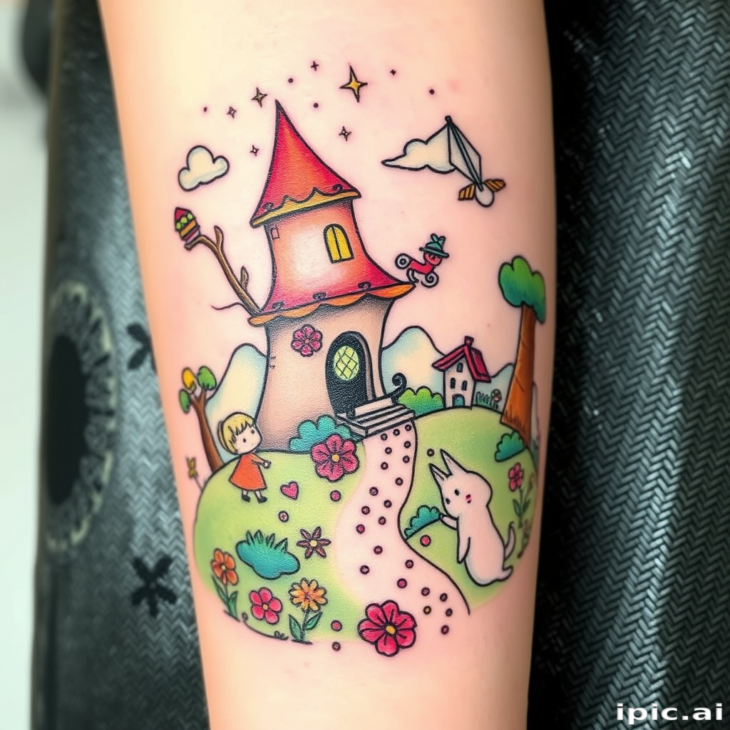Whimsical illustrative tattoo titled "Storybook Dreams" depicting a fantastical scene straight from a children's book. Charming characters and magical creatures inhabit a colorful landscape filled with wonder and imagination. Soft, painterly techniques and a pastel color palette create a gentle, nostalgic atmosphere that captivates the eye.