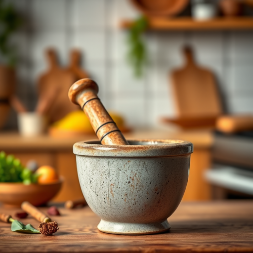Create a high-resolution image of a traditional mortar and pestle set against a softly blurred kitchen background, using a DSLR camera with a 50mm lens, aperture set to f/2.8, ISO 100, and a low-angle view to enhance depth and detail.