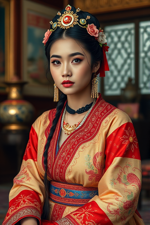 A beautiful Guarani woman in traditional East Asian attire, intricately detailed with embroidered patterns, sitting gracefully in a richly decorated room, soft ambient lighting, serene and elegant, ultra-realistic, 8K resolution