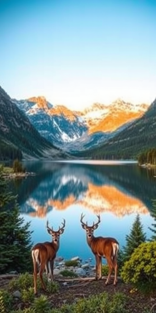 Create a vibrant landscape image featuring a serene lake surrounded by mountains, lush greenery, and two deer in the foreground, captured with a Canon EOS R5, 35mm lens, f/8 aperture, ISO 100, and a wide-angle view to enhance depth and detail.