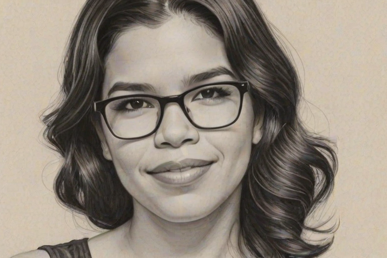 Lovely America Ferrera, pencil sketch, portrait of Sublime woman 1928s in glasses, hair style beatnik, outline, clear lines, fine lines, 8k