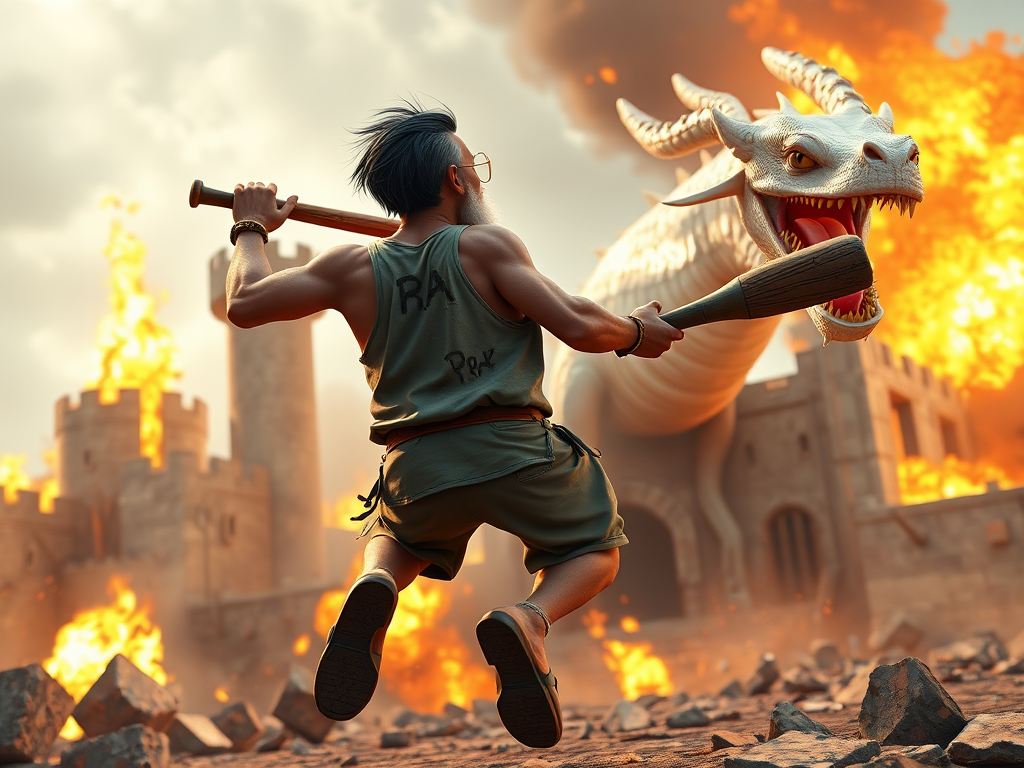 Cartoon 3D High-Resolution,dynamic battle scene using Unreal Engine 5 and Octane Render. The scene features back of an elderly, thai man with a beard,messy hair and round golden-rimmed glasses. He is wearing a tattered tank top with soot marks, shorts, and sandals. sweating. he wields a baseball bat. He jump to fight with a white fire-breathing Europe dragon amidst a partially destroyed stone castle. Include intense flames, smoke, and debris to enhance the dramatic effect.
