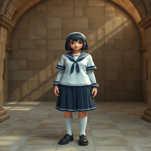 Generate a realistic 3D model of a female character in a sailor uniform, positioned in a well-lit stone room with a slight upward angle, using a DSLR camera at f/2.8 aperture, ISO 100, 50mm focal length, with soft focus and high dynamic range to enhance image quality.