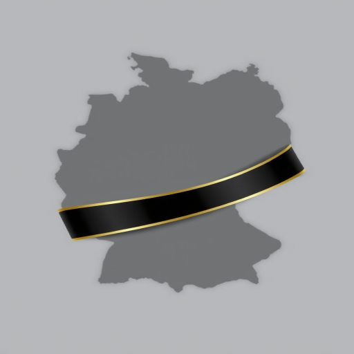 Create an image of a silhouette map of Germany in gray with a glossy ribbon in black, red, and gold underneath, using a DSLR camera with a 50mm lens, aperture set to f/2.8, ISO 100, and natural soft lighting for enhanced quality.