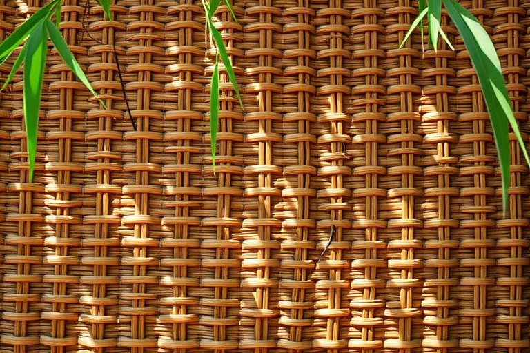 Create a high-resolution image of a woven bamboo pattern in natural light, using a DSLR camera with a 50mm lens at f/8, ISO 200, shutter speed 1/125s, overhead angle, shallow depth of field, and vibrant color enhancement.