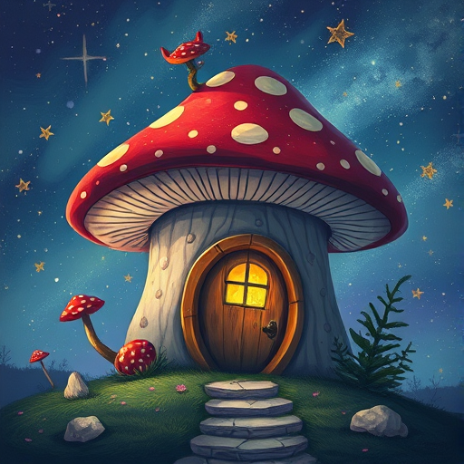 this image is illustration of a mushroom house with a door and a window, a storybook , fantasy art, mushroom house, bg starry sky, sparkles