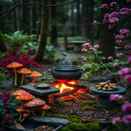 A mystical forest scene featuring a simmering cauldron over a fire, surrounded by vibrant mushrooms, a stone table with herbal ingredients, and pink flowering bushes, captured in soft focus with a Canon EOS 5D Mark IV, 35mm lens, f/2.8 aperture, ISO 100, and a long exposure to enhance the ethereal atmosphere.