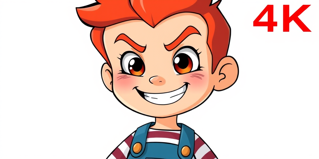 Create a vector-style illustration of a cartoon character with red hair and a mischievous smile, wearing a striped shirt and overalls, high resolution, 4K, wide-angle view, using a digital drawing tablet.
