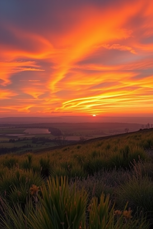 Create a high-resolution image of a serene landscape at sunset with vibrant colors, using a Canon EOS R5 at f/8, ISO 100, 1/250 sec shutter speed, wide-angle view, and a soft focus style.